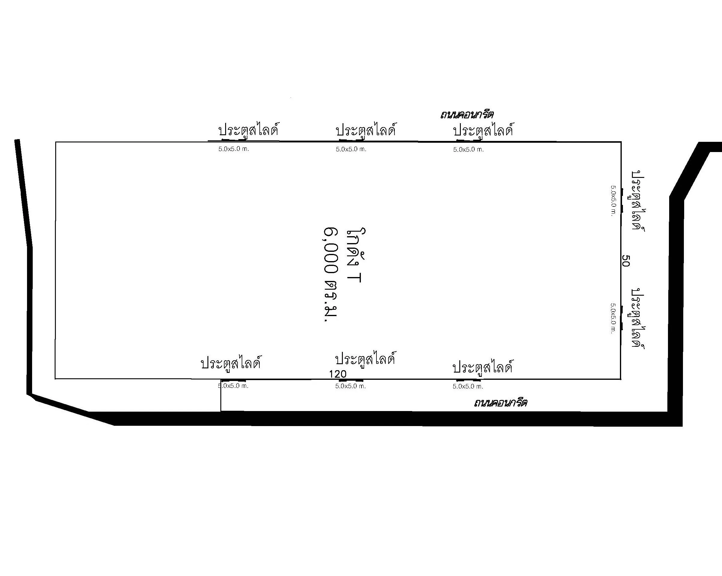 Warehouse for rent in Nonthaburi - Floor plan showing a 50x120 m layout with multiple 5x5 m sliding doors.