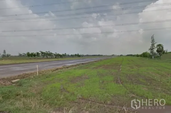 Land for sale in Lam Luk Ka, Pathum Thani - Wide green land plot beside a paved road with overhead power lines under a cloudy sky in Lam Luk Ka, Pathum Thani.