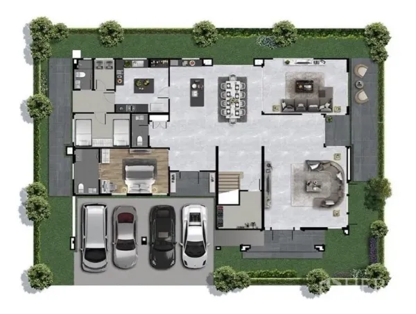 Detached House for rent or sale in Bang Phli, Samut Prakan - Ground floor plan showing living and dining areas, kitchen, bedroom and multiple parking spaces within the plot.