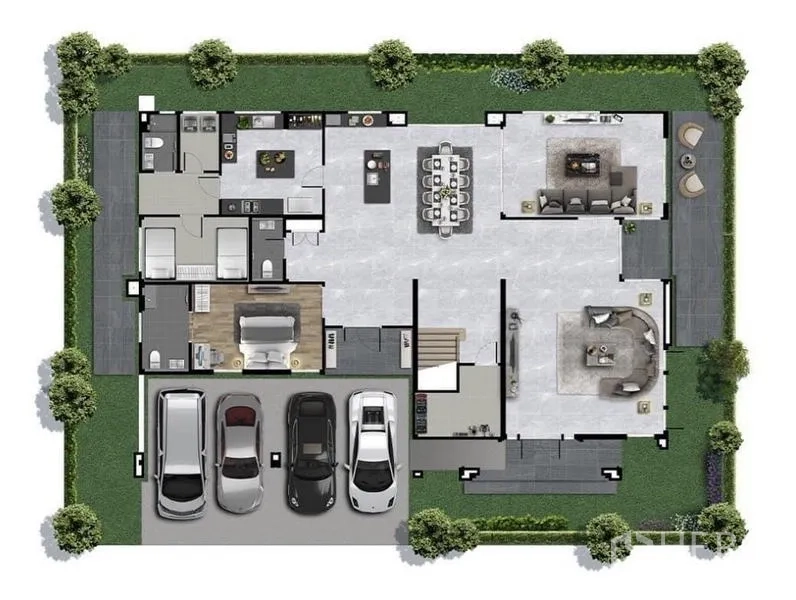 Detached House for rent or sale in Bang Phli, Samut Prakan - Ground floor plan showing living and dining areas, kitchen, bedroom and multiple parking spaces within the plot.