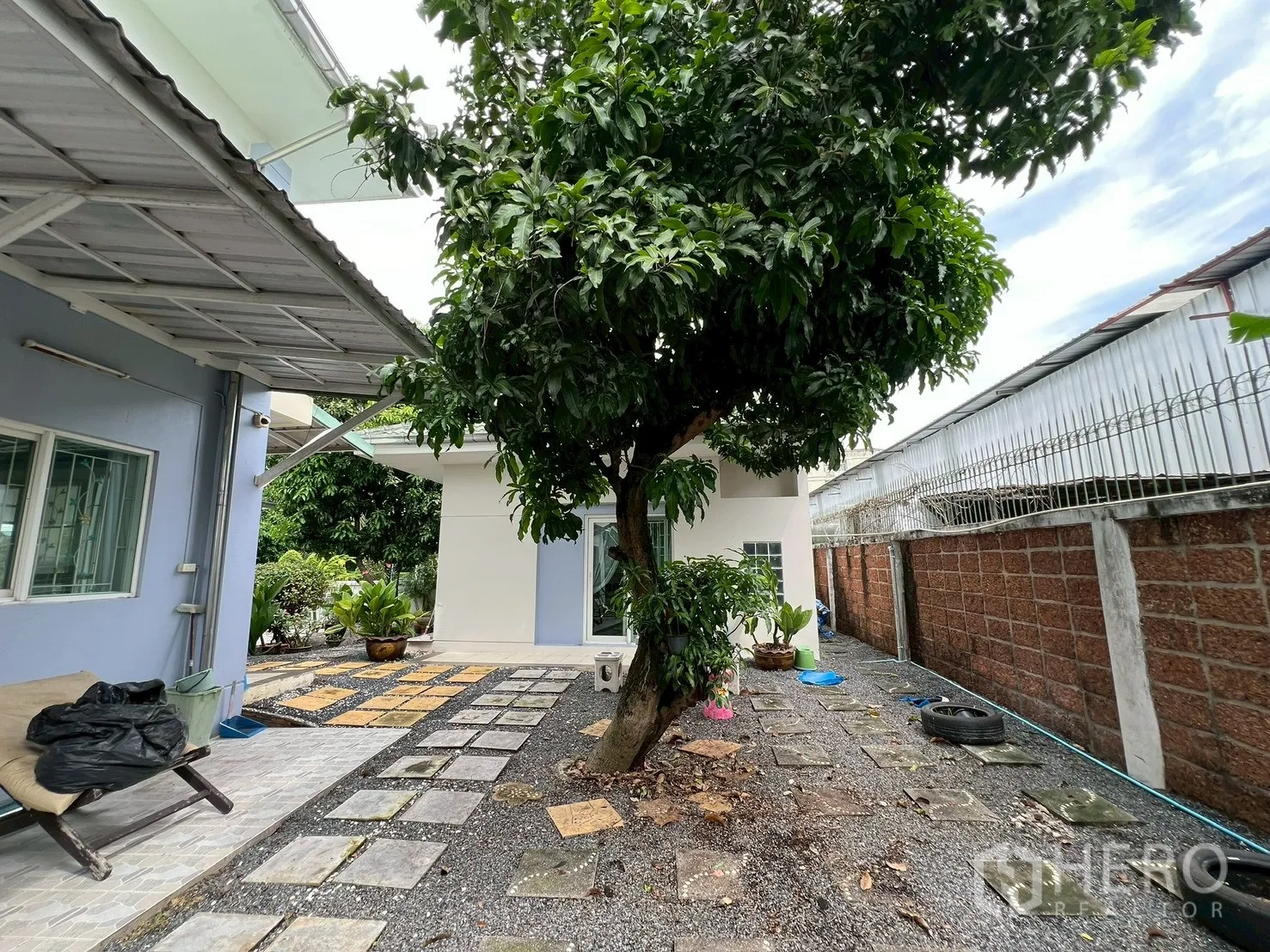 บ้าน ขายในMin Buri, Bangkok - สวนข้างบ้านร่มเงาด้วยต้นไม้ใหญ่ชิดกำแพง