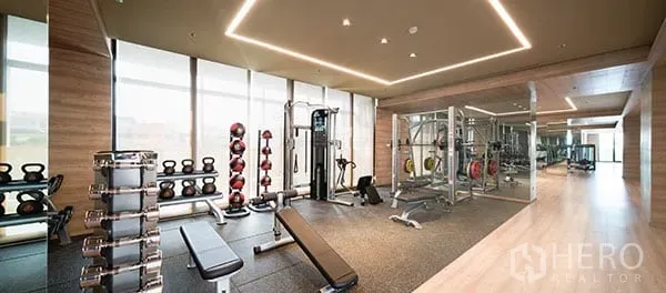 Condominium for sale in Khlong Toei, Bangkok - Modern condo fitness center with free weights, benches, and cable machines beside floor-to-ceiling windows.