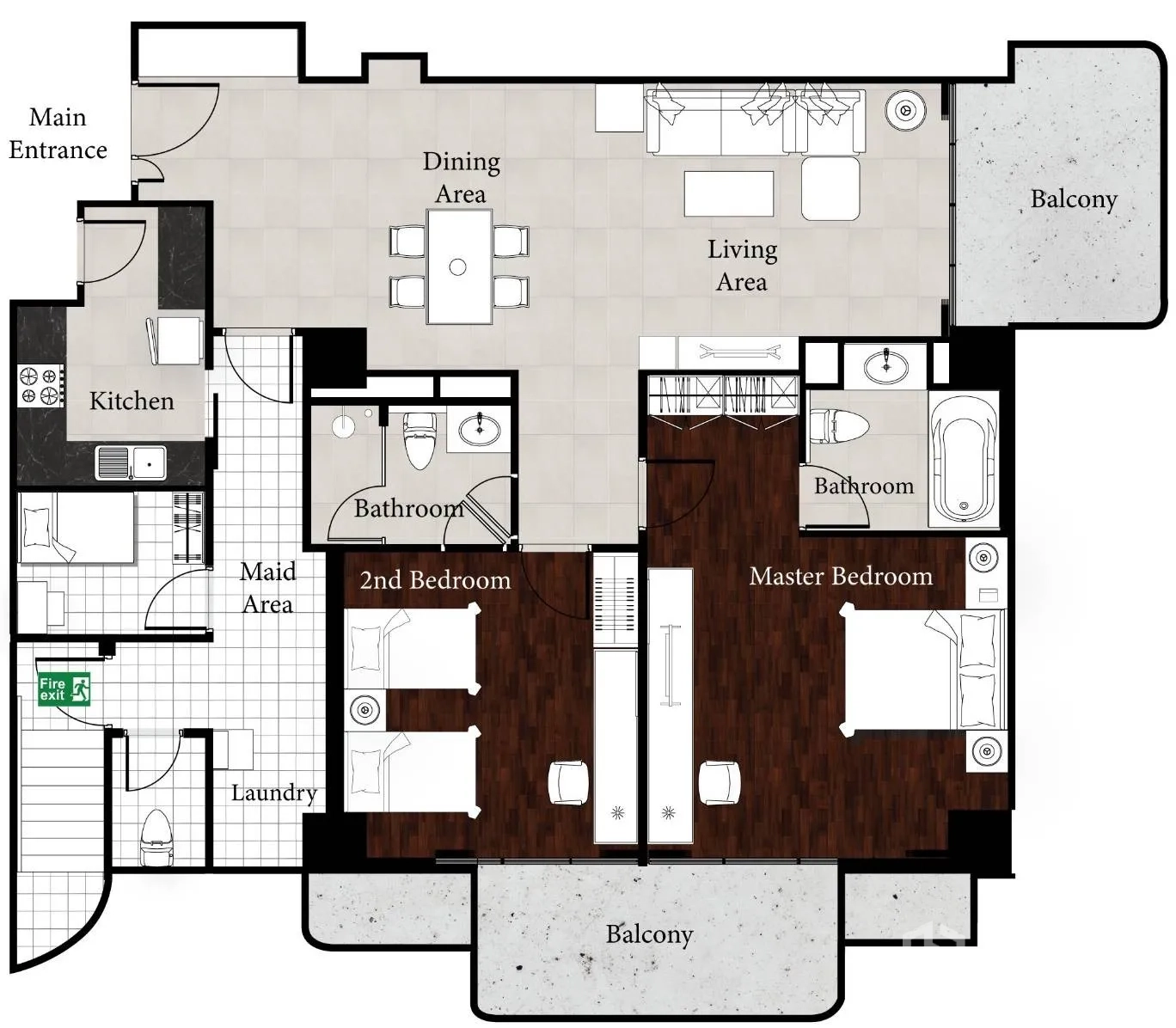 อพาร์ทเมนท์ ให้เช่าในWatthana, Bangkok - ผังห้องอพาร์ตเมนต์ 2 ห้องนอน แสดงโถงนั่งเล่น รับประทานอาหาร ระเบียง ครัว และพื้นที่ซักรีดกับแม่บ้าน