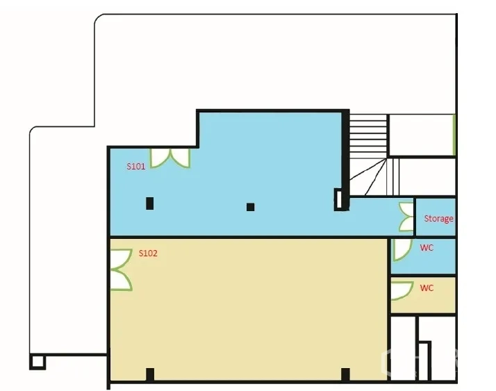 พื้นที่ขายปลีก ให้เช่าในKhlong Toei, Bangkok - ผังห้องพื้นที่ค้าปลีก แสดงทางเข้า ส่วนเก็บของ และห้องน้ำ 2 ห้อง
