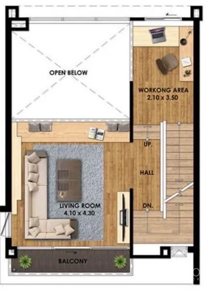 ทาวน์เฮาส์ ให้เช่าหรือขายในSuan Luang, Bangkok - แปลนชั้นสอง มีห้องนั่งเล่น ระเบียง และมุมทำงานแบบโอเพ่น