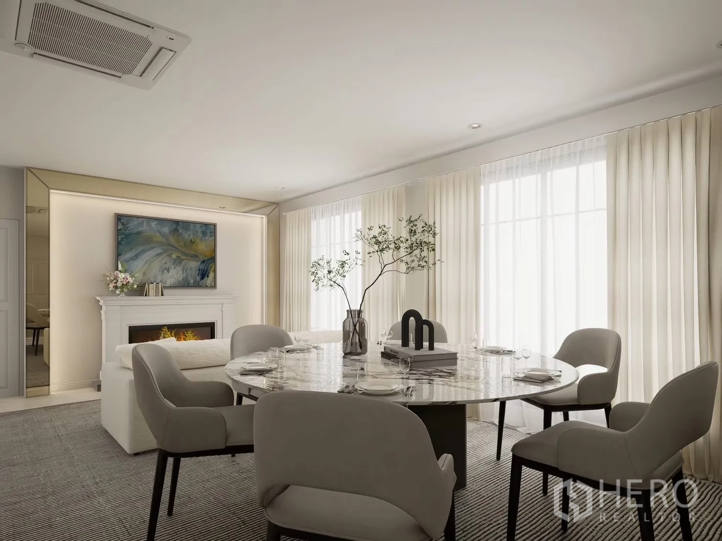 独立式住宅 出租在Bang Phli, Samut Prakan - 正式餐厅，圆形大理石餐桌与窗帘。