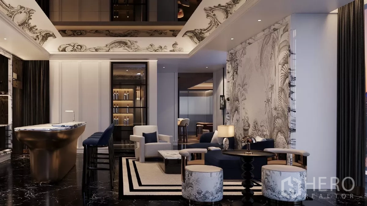 Apartment for rent in Khlong Toei, Bangkok - Elegant residents’ lounge with marble floors, decorative ceiling and plush seating.