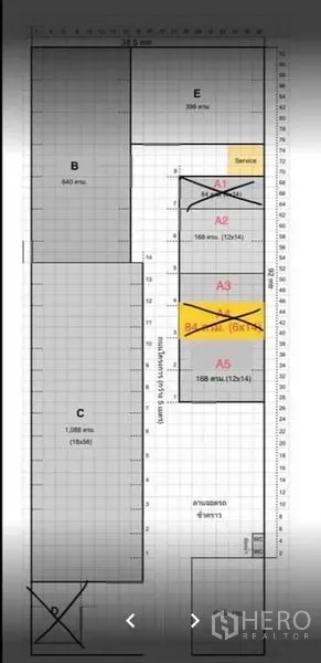 Warehouse for rent in Phra Samut Chedi, Samut Prakan - Floor plan of the warehouse complex showing sections A–E, service area and dimensions.