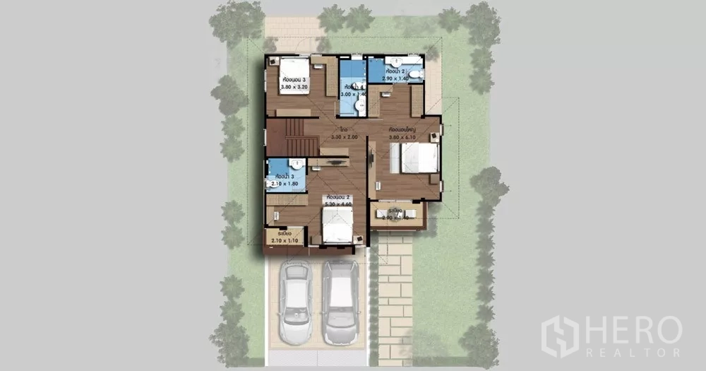 บ้าน ขายในLam Luk Ka, Pathum Thani - ผังชั้นบนแสดงสามห้องนอน หลายห้องน้ำ และโถงกลาง