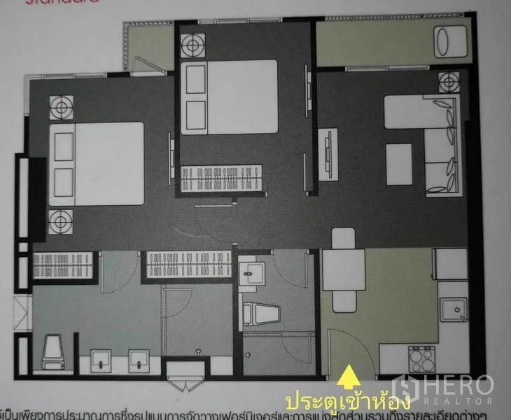 คอนโด ให้เช่าหรือขายในDin Daeng, Bangkok - ผังห้องคอนโดแบบสองห้องนอน