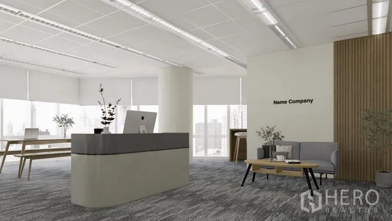 Office Space for rent in Dusit, Bangkok - Bright reception in a modern office with curved front desk, lounge sofa and large windows with city views.