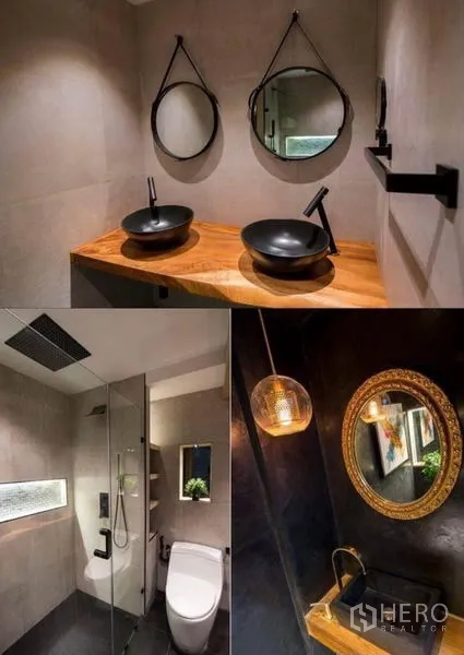 ทาวน์เฮาส์ ให้เช่าในKhlong Toei, Bangkok - ภาพรวมบาธรูม อ่างล้างหน้าแบบวางบนเคาน์เตอร์ไม้ เรนชาวเวอร์ และกระจกตกแต่ง
