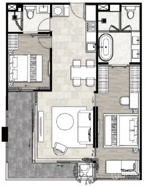 公寓 出租或出售在Watthana, Bangkok - 80平方米两卧两卫公寓的户型平面图。