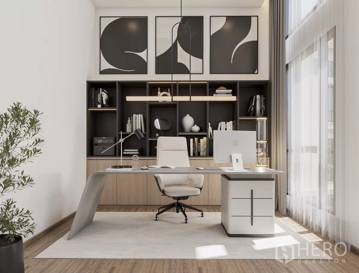 ทาวน์เฮาส์ ให้เช่าในChatuchak, Bangkok - ห้องทำงานพร้อมชั้นบิลท์อิน โต๊ะทำงานขนาดใหญ่และแสงธรรมชาติ