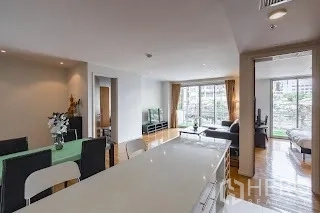 Condominium for rent in Bang Rak, Bangkok - View from kitchen to living area and bedroom with floor-to-ceiling windows.