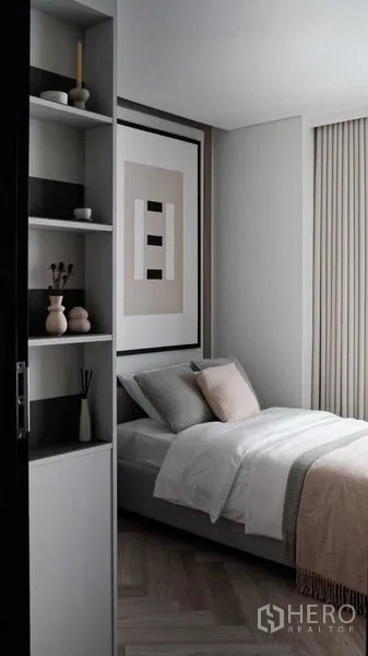 คอนโด ขายในRatchathewi, Bangkok - ห้องนอนเล็ก เตียงเดี่ยว พร้อมชั้นวางของบิลท์อิน