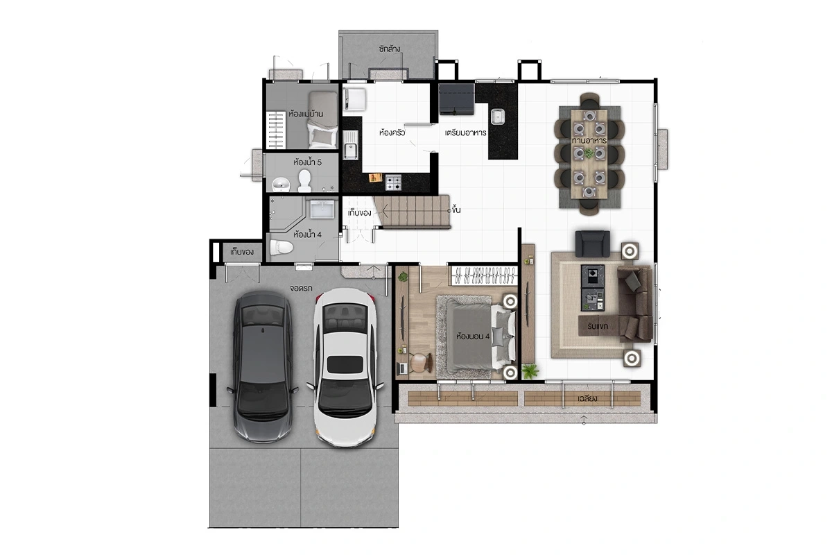 บ้าน ให้เช่าหรือขายในLam Luk Ka, Pathum Thani - ผังชั้นล่าง แสดงห้องนั่งเล่น ห้องทานอาหาร ครัว และที่จอดรถ