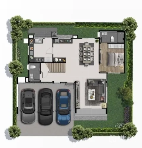 Detached House for sale in Nonthaburi - Ground-floor plan showing three-car parking, open-plan living and dining, kitchen and a guest suite.