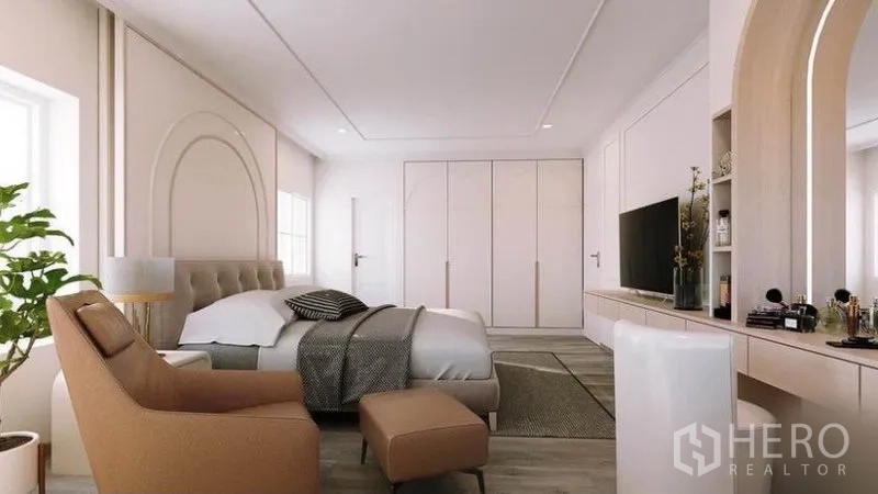 Detached House for rent in Bang Phli, Samut Prakan - Master suite angle showing built-in wardrobes, dressing area and media console.