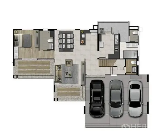 บ้าน ให้เช่าหรือขายในBang Sao Thong, Samut Prakan - ผังชั้นล่าง โซนรับแขก–ทานอาหาร ครัวไทย ห้องนอน และโรงจอดรถ 3 คัน