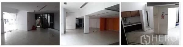 零售空间 出租在Bang Na, Bangkok - 拼图：大门入口大厅、宽敞零售区与小型茶水/服务柜台。