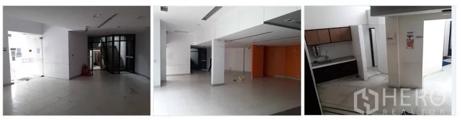 零售空间 出租在Bang Na, Bangkok - 拼图：大门入口大厅、宽敞零售区与小型茶水/服务柜台。