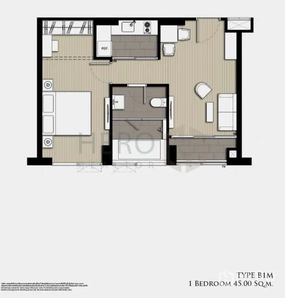 คอนโด ให้เช่า - ผังห้องแบบ Type B1M ขนาด 45 ตร.ม. 1 ห้องนอน
