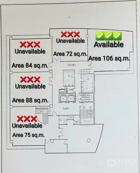 Office Space for rent in Watthana, Bangkok - Floor plan highlighting the available 106 sq.m office on the corner.