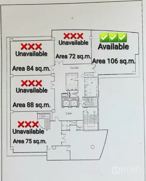Office Space for rent in Watthana, Bangkok - Floor plan highlighting the available 106 sq.m office on the corner.