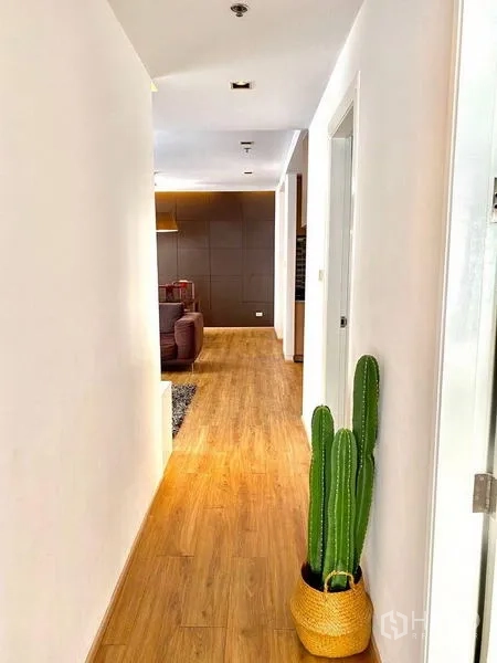คอนโด ให้เช่าในKhlong Toei, Bangkok - ทางเดินพื้นไม้ ผนังสีขาว พร้อมกระบองเพชรในกระถางนำสู่ห้องนั่งเล่น