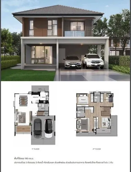 บ้าน ให้เช่าหรือขายในLam Luk Ka, Pathum Thani - บ้านเดี่ยวสองชั้นสไตล์โมเดิร์น มีระเบียงและที่จอดรถในร่ม 2 คัน พร้อมภาพผังชั้น 1-2