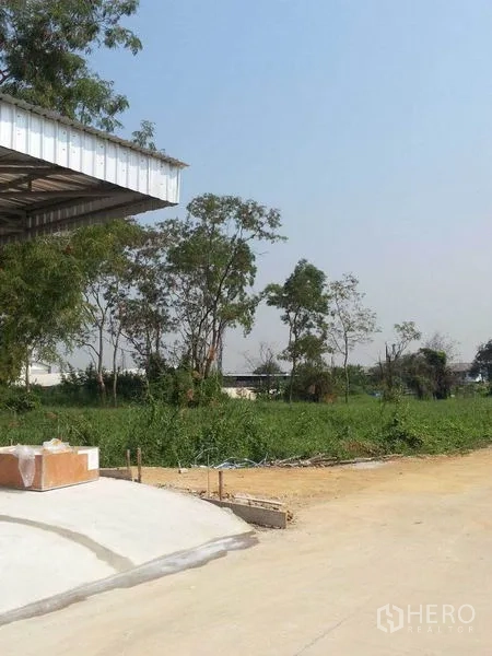 Land for rent or sale in Khlong Toei, Bangkok - Paved access road leading to an open grass plot with scattered trees in an urban setting.