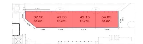 Retail Space for rent in Bang Rak, Bangkok - Floor plan of adjacent retail units showing 37.50, 41.50, 42.15 and 54.85 sqm spaces, highlighting the largest corner.