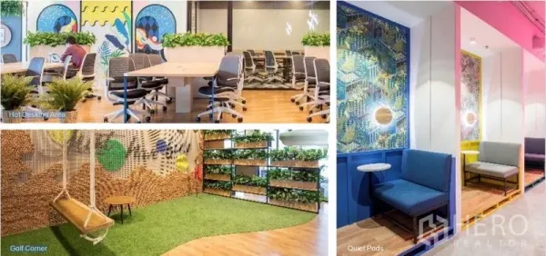 Office Space for rent in Sathon, Bangkok - Hot-desking zone, indoor green corner with a swing, and quiet pods for focused work.