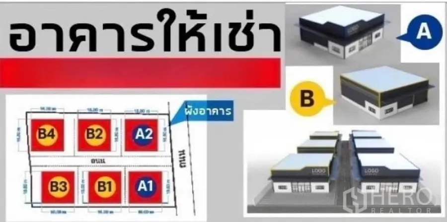 货栈 出租在Lat Phrao, Bangkok - 仓库项目总平面与效果图，标示 A1–A2 及 B1–B4 单元，含内部道路与建筑布局。