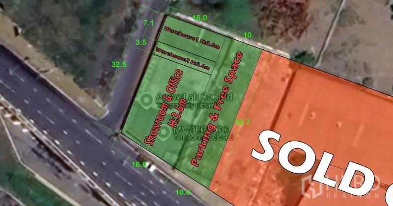 零售空间 出租在Bueng Kum, Bangkok - 平面图显示展厅、办公室、仓库和停车布局