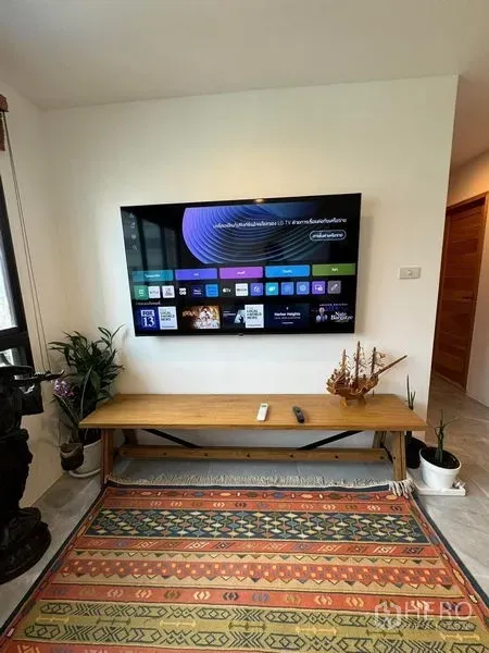 公寓 出租或出售 - 客厅内壁挂智能电视，上方木长凳与绿植装饰。