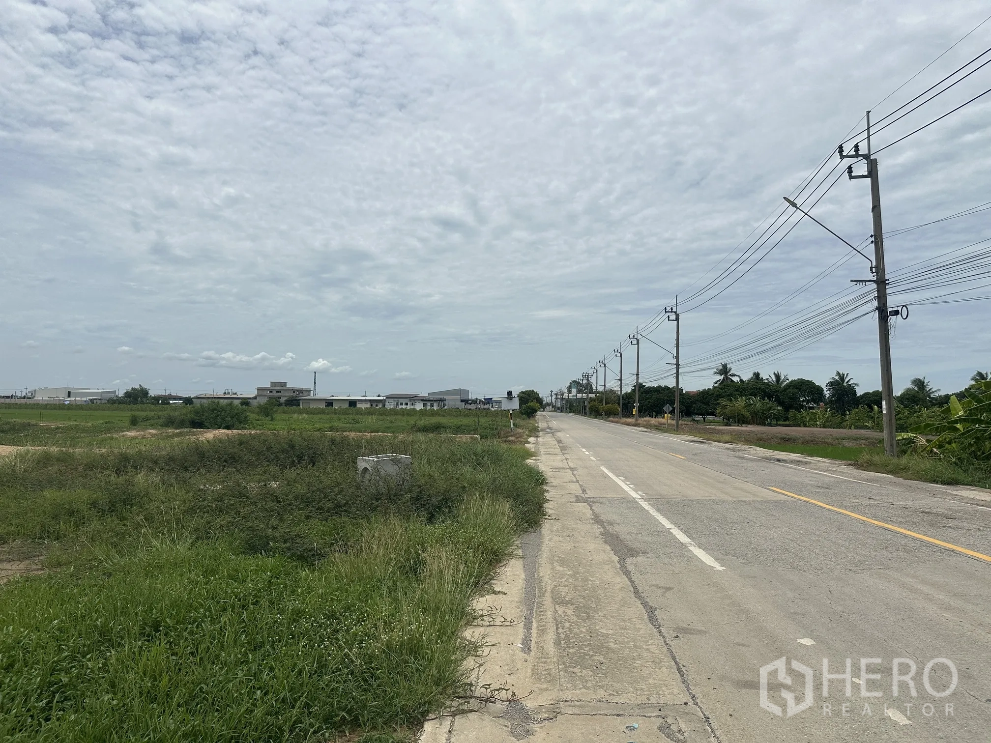 Land for sale in Sai Noi, Nonthaburi - Paved road with utility poles running beside the plot, showing easy access.