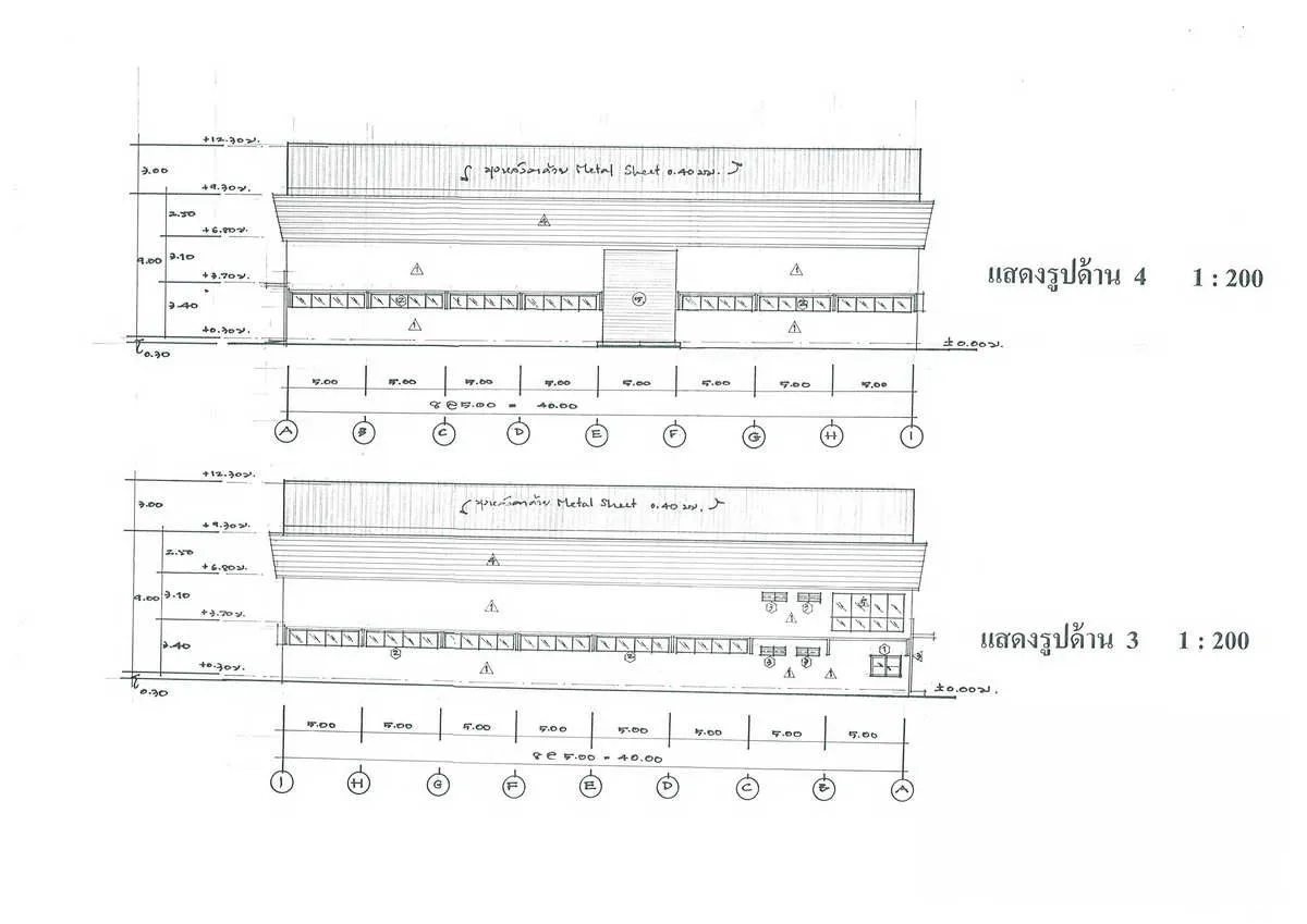 Factory for rent in Samut Prakan - Side elevation drawings detailing building dimensions and cladding.