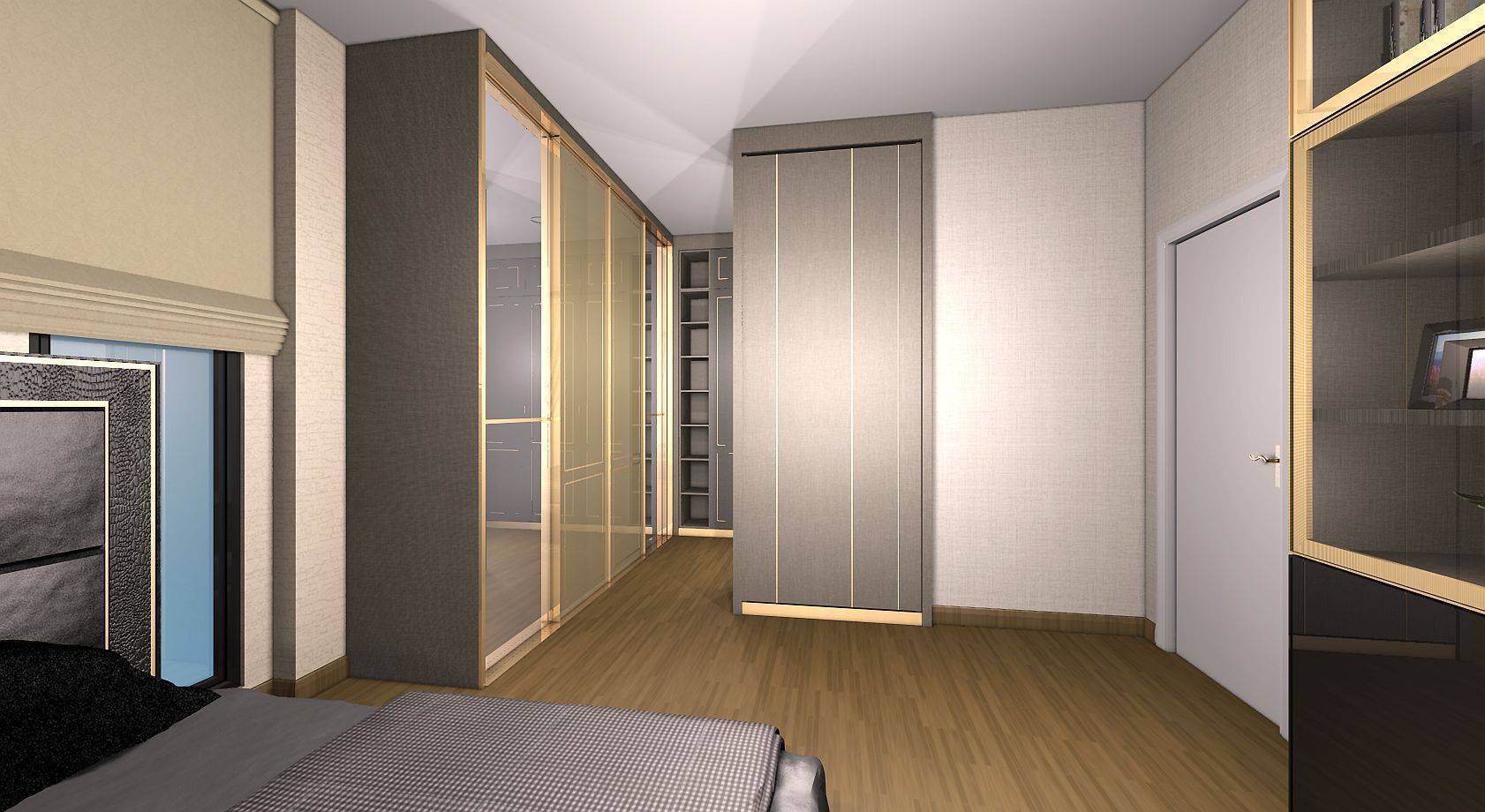 Detached House for rent in Saphan Sung, Bangkok - Bedroom passage leading to custom wardrobes and shelving in neutral tones.