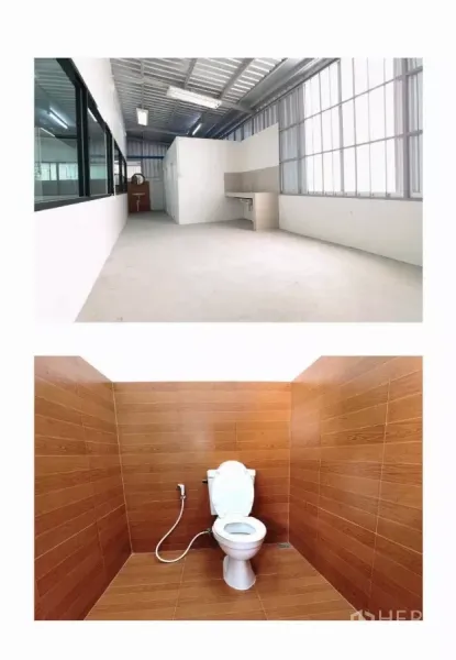 คลังสินค้า ให้เช่าในMueang Samut Prakan, Samut Prakan - พื้นที่ยูทิลิตี้มีหน้าต่างและผนังกั้น พร้อมห้องน้ำกระเบื้องลายไม้และสายฉีดชำระ