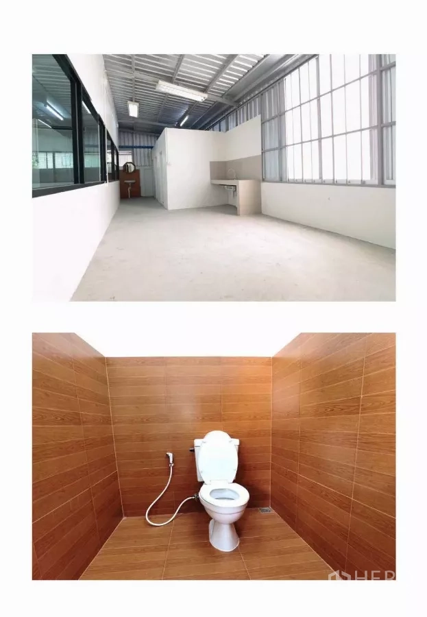 คลังสินค้า ให้เช่าในMueang Samut Prakan, Samut Prakan - พื้นที่ยูทิลิตี้มีหน้าต่างและผนังกั้น พร้อมห้องน้ำกระเบื้องลายไม้และสายฉีดชำระ