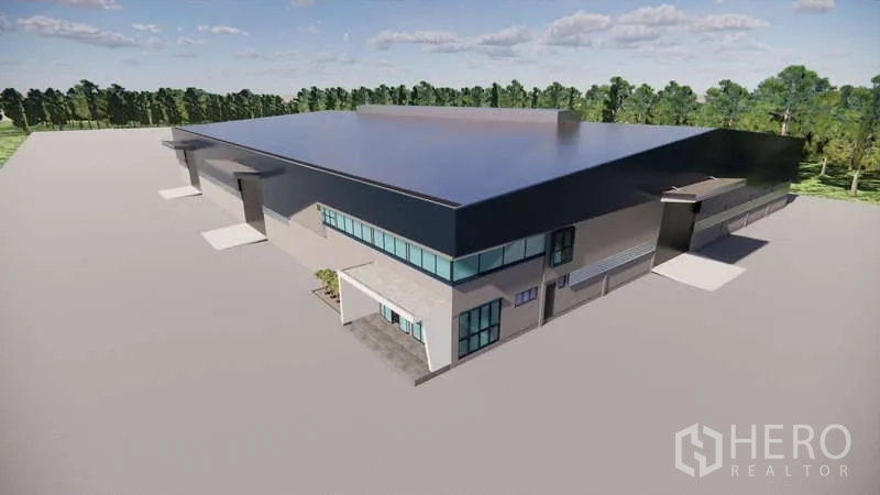 คลังสินค้า ให้เช่าหรือขายในNikhom Phatthana, Rayong - ภาพเรนเดอร์โกดังสมัยใหม่สร้างเสร็จ พร้อมหลังคาขนาดใหญ่และออฟฟิศด้านหน้า