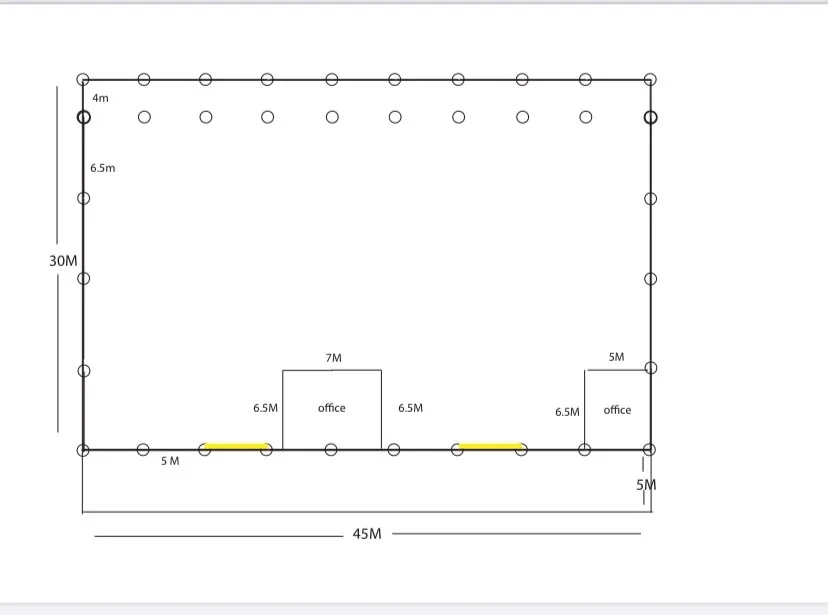 Factory for rent in Khlong Luang, Pathum Thani - Factory floor plan showing a 45x30 m layout with office positions and roller doors.