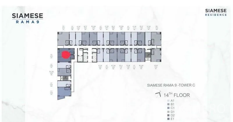 Condominium for sale in Huai Khwang, Bangkok - Tower C 14th-floor plan highlighting the unit position.