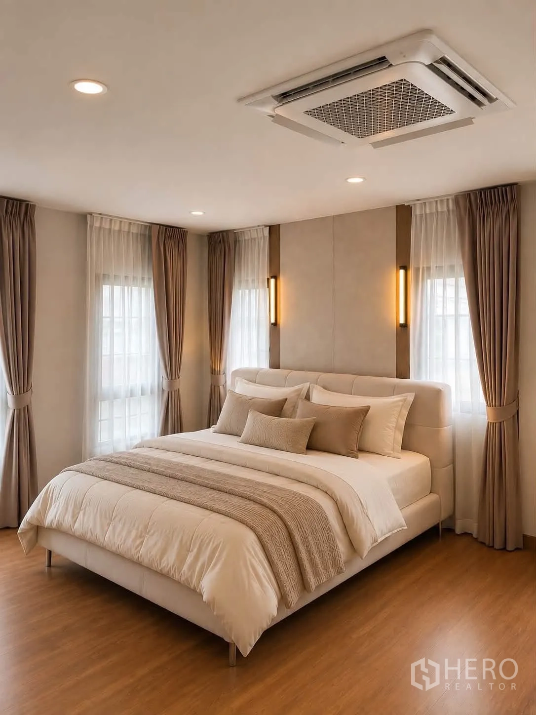 独栋房屋 for rent in Bang Phli, Samut Prakan - 主卧配大床、转角窗与吊顶式空调机组。