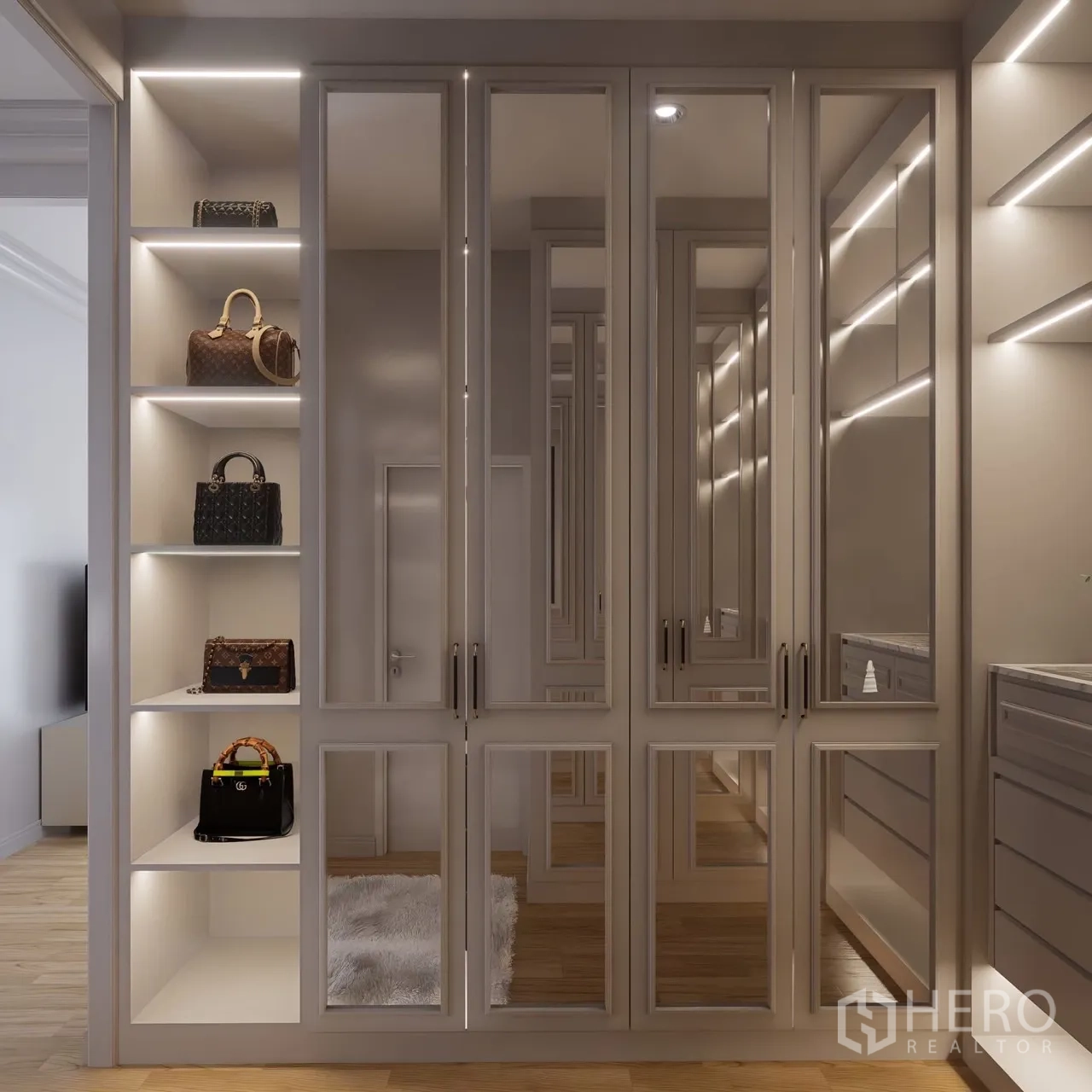 独立式住宅 出租在Bang Phli, Samut Prakan - 镜面衣柜与展示层，陈列名牌包。