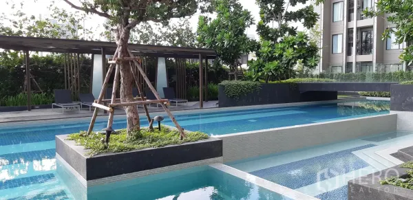Condominium for rent in Huai Khwang, Bangkok - Condominium outdoor lap pool with tree island, shaded pavilion with sun loungers, lush landscaping and building facade.