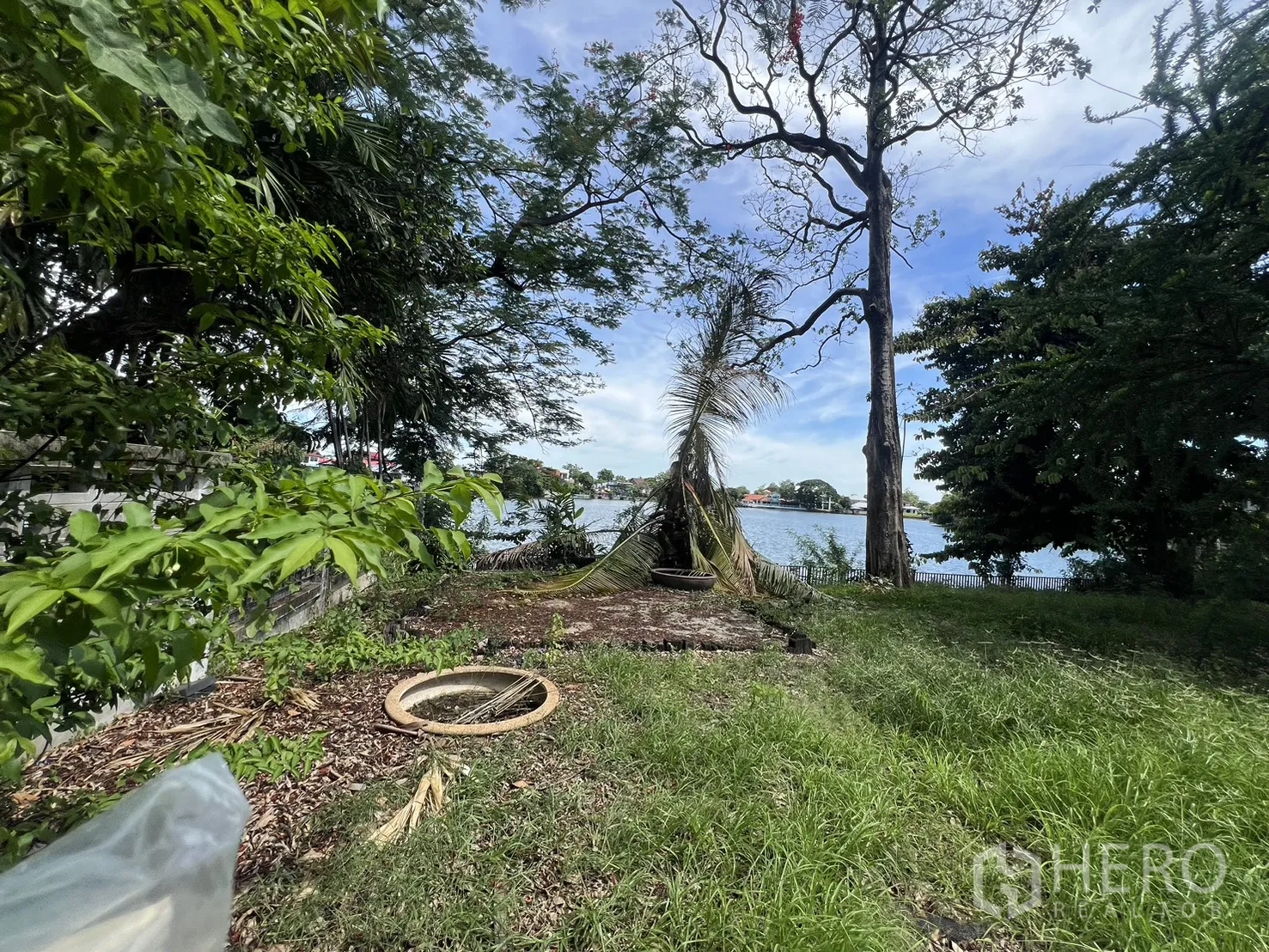 Detached House for sale in Saphan Sung, Bangkok - Lakeside garden area with mature trees and water view beyond the fence.