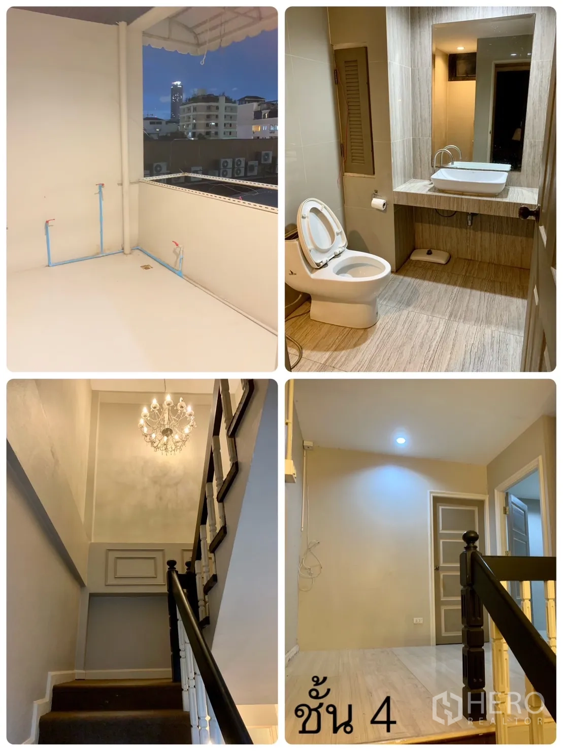 Home Office for rent in Watthana, Bangkok - Upper floor with open terrace, modern bathroom, chandelier stairwell and bright landing.